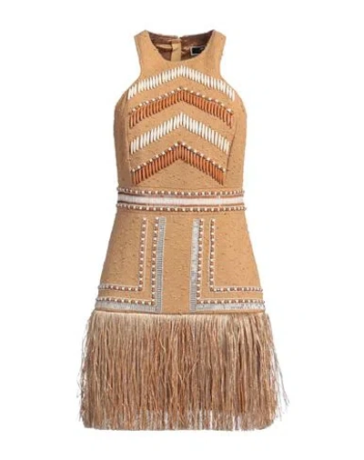 Elisabetta Franchi Woman Mini Dress Camel Size 8 Cotton, Viscose, Polyamide, Plastic, Glass In Brown