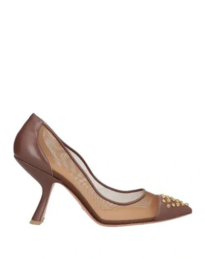 Elisabetta Franchi Woman Pumps Chocolate Brown Size 10 Leather, Textile Fibers