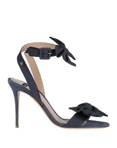 Elisabetta Franchi Woman Sandals Navy Size 8 Soft Leather, Textile Fibers