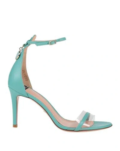 Elisabetta Franchi Woman Sandals Turquoise Size 6 Leather, Textile Fibers In Blue