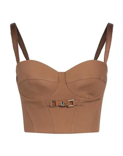 Elisabetta Franchi Woman Top Camel Size 2 Viscose, Cotton, Polyamide, Elastane In Beige