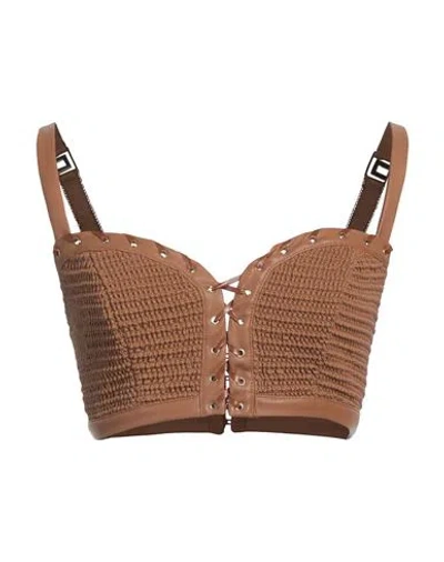 Elisabetta Franchi Woman Top Camel Size 8 Polyester, Polyurethane Coated In Sand