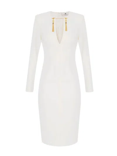 Elisabetta Franchi Light Crepe Dress With Ivory Jewel Chain In White
