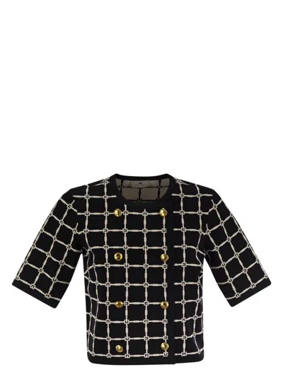 ELISABETTA FRANCHI WOMEN'S JACQUARD LOGO CARDIGAN WITH GOLD BUTTONS