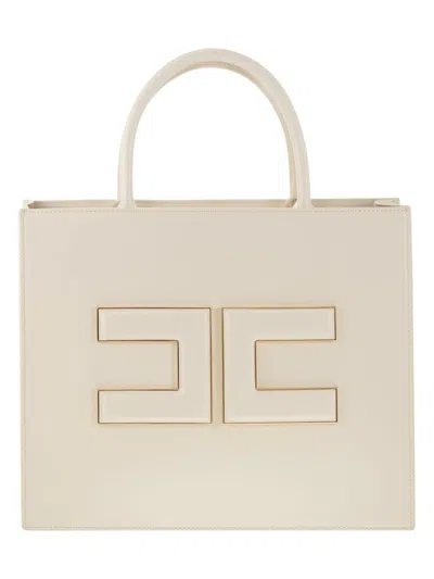 Elisabetta Franchi Medium Shopper With Logo Plaque In Neutral