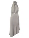 Elisabetta Franchi Satin Midi Dress With Asymmetric Skirt In Silver