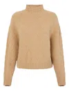 Elisabetta Franchi Textured Knit Mock Neck Top With Long Sleeves In Brown