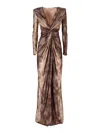 Elisabetta Franchi Emerald Python Print Deep V-neck Evening Dress In Brown