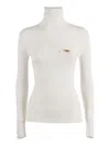 Elisabetta Franchi White Turtleneck Sweater With Logo Plaque On The Front In Silk Blend Woman In White