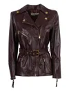 Elisabetta Franchi Fitted Leather Jacket With Belted Waist And Gold Hardware In Brown