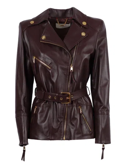 Elisabetta Franchi Womens Leather Jacket With Belt In Burgundy