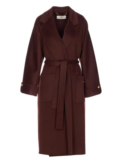 Elisabetta Franchi Wool Belted Coat In Burgundy