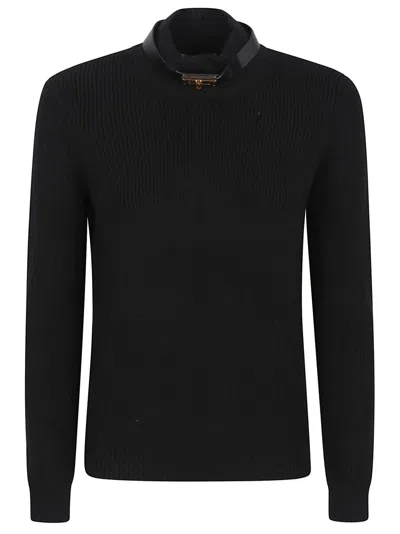 ELISABETTA FRANCHI ELISABETTA FRANCHI WOOL BLEND BLACK SWEATER WITH AMBER TORTOISESHELL DETAIL