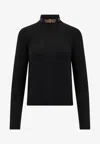 Elisabetta Franchi Ribbed Leather-trimmed Turtleneck Sweater In Black