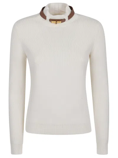 ELISABETTA FRANCHI WOOL BLEND SWEATER WITH STAND-UP COLLAR AND GOLD-TONE DETAIL