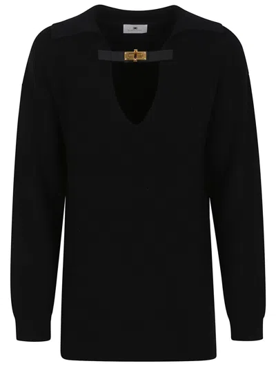 Elisabetta Franchi Wool Blend Sweater With Wide V-neck And Amber Detail In Black