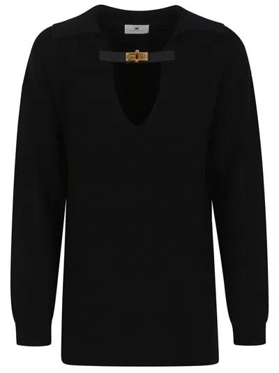 ELISABETTA FRANCHI WOOL BLEND SWEATER WITH WIDE V-NECK AND AMBER DETAIL