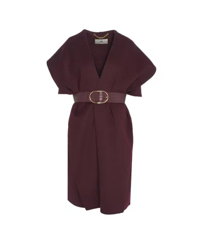 Elisabetta Franchi Wool Cape With Belt In Burgundy
