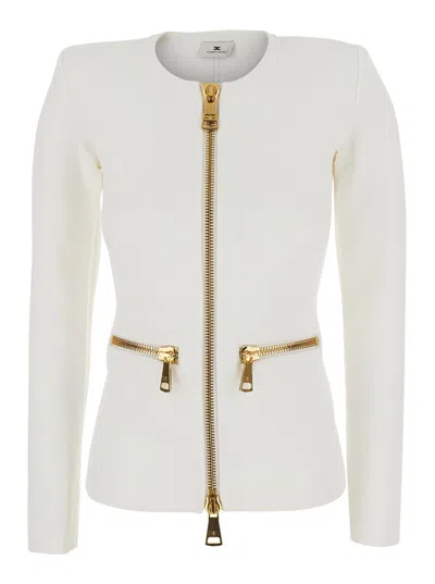 Elisabetta Franchi Wool Crew Neck Cardigan With Front Zip And Two Welt Pockets In White