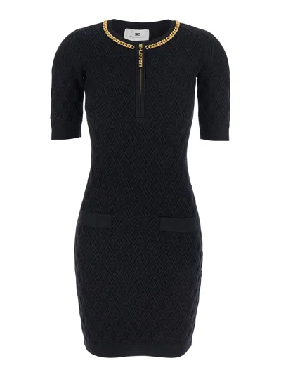 Elisabetta Franchi Wool Crewneck Dress With Chain Collar Detail And Front Zip In Black