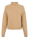 Elisabetta Franchi Textured Knit Mock Neck Top With Long Sleeves In Sand