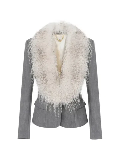 Elisabetta Franchi Wool Jacket With Fur-effect Collar In Gray