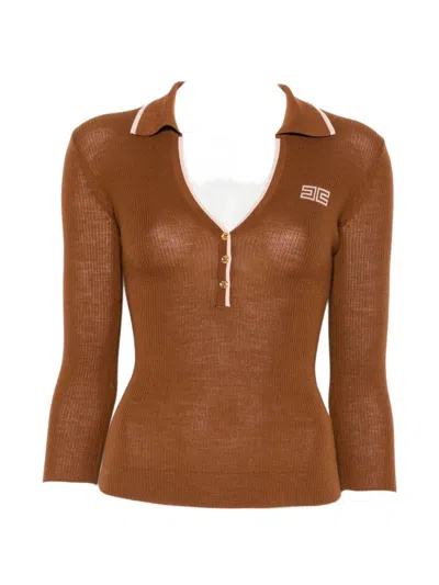 Elisabetta Franchi Wool Knitted Polo Shirt In Brown
