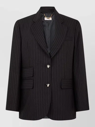 Elisabetta Franchi Wool Pinstripe Tailored Jacket Notched Lapel In Black