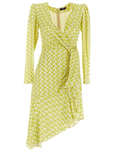 Elisabetta Franchi Graphic Printed Asymmetric Midi Dress In Yellow