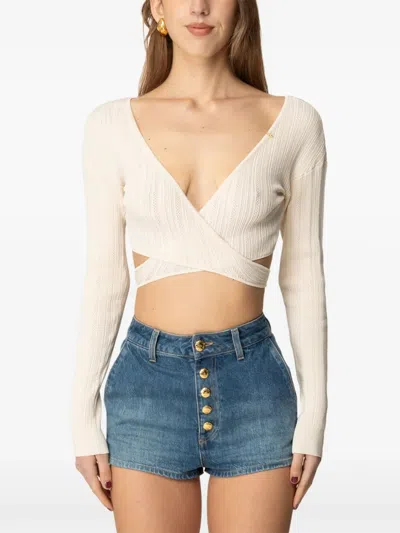 Elisabetta Franchi Wraparound Ribbed Top In Neutral