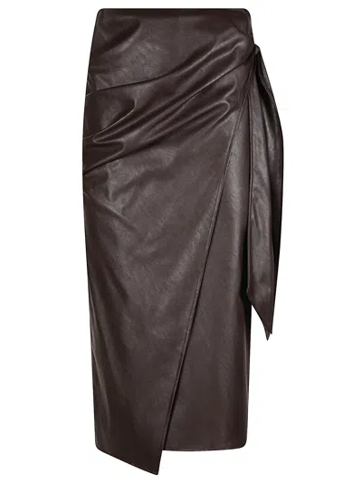 Elisabetta Franchi Wrap-style Midi Skirt With Faux Leather Finish And Asymmetrical Hemline In Brown