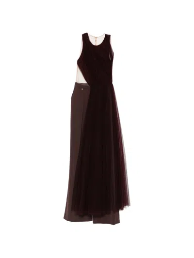 Elisabetta Franchi X Pronovias Pleated Tulle-overlay Jumpsuit In Brown