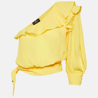 Pre-owned Elisabetta Franchi Yellow Crepe One-shoulder Ruffled Blouse M