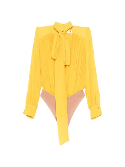 Elisabetta Franchi Yellow Ls Bodysuit Wide Neckline In White