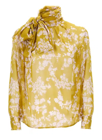Elisabetta Franchi Floral Print Silk Blouse With Bow Detail In Yellow