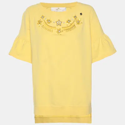 Pre-owned Elisabetta Franchi Yellow Stretch Cotton Jeweled Embellished Tops M