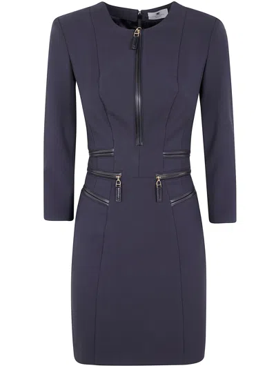 Elisabetta Franchi Zip-accented Three-quarter Sleeve Dress In Blue