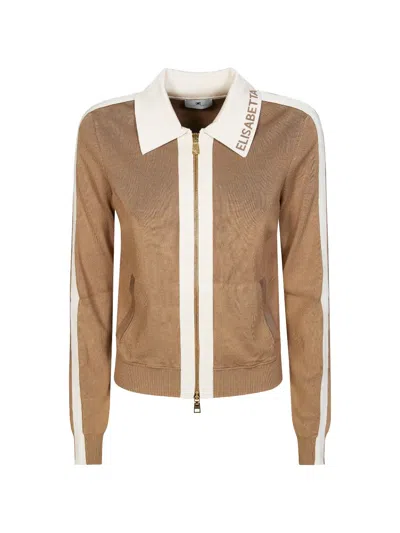 Elisabetta Franchi Knitted Jacket With Shiny Viscose Stripes In Brown