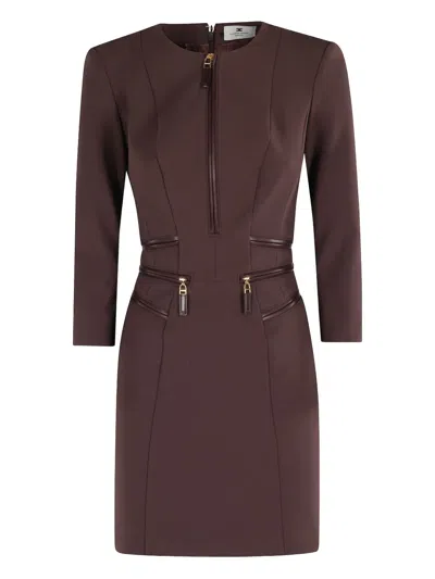 Elisabetta Franchi Zip-detail Three-quarter Sleeve Dress In Brown