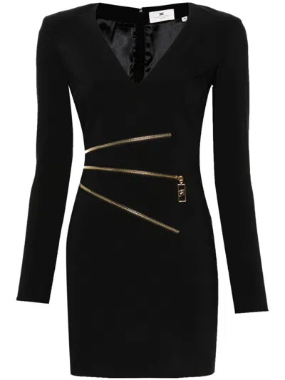Elisabetta Franchi Deep V-neck Dress With Gold Zipper Detail In Black