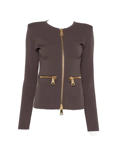 Elisabetta Franchi Zip-detail Shoulder-pad Cardigan In Brown