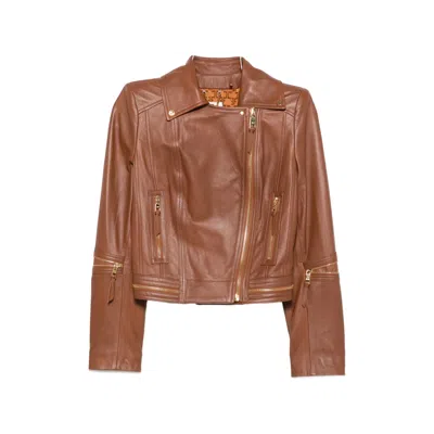 Elisabetta Franchi Zipped Biker Jacket In Brown
