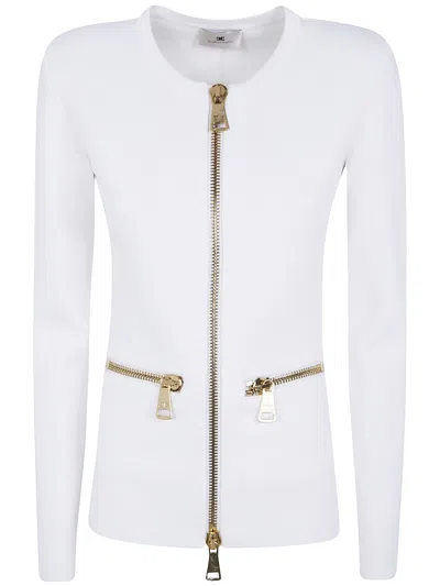 Elisabetta Franchi Wool Crew Neck Cardigan With Front Zip And Two Welt Pockets In White