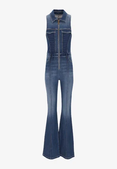 Elisabetta Franchi Zip-up Washed Jumpsuit In Blue