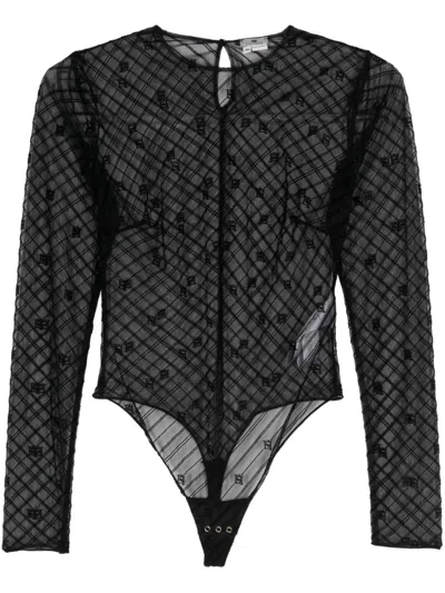 Elisabetta Franchi Beflockter Body Aus Monogramm-jacquard In Black