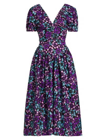 Elisamama Women's Bori Floral Puff-sleeve Midi-dress In Purple