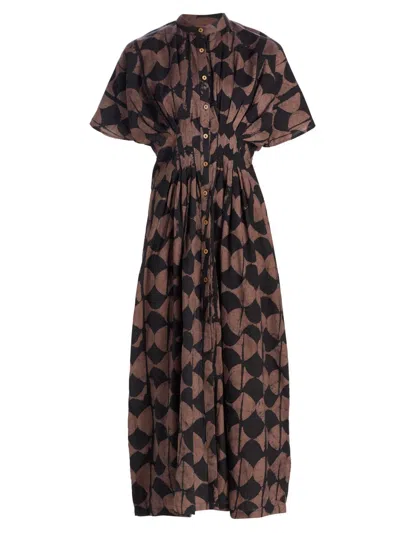 Elisamama Women's Buga Geometric Print Cotton A-line Midi-dress In Brown