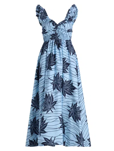 Elisamama Women's Ibukun Botanical-print Cotton A-line Midi-dress In Blue