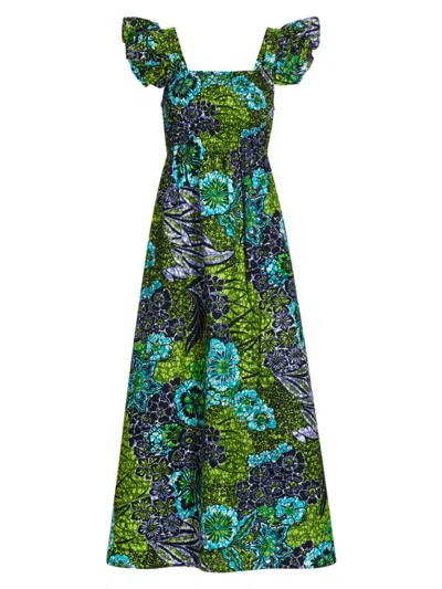Elisamama Women's Lizzy Printed Cotton Ruffled Maxi Dress In Green