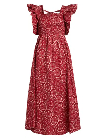 Elisamama Women's Sola Abstract Smocked Cotton Midi-dress In Red